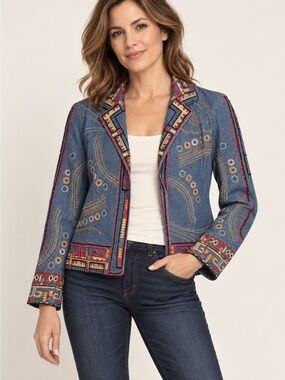 Coldwater Creek Embroidered Bohemian Hippie Denim Jacket MEDIUM